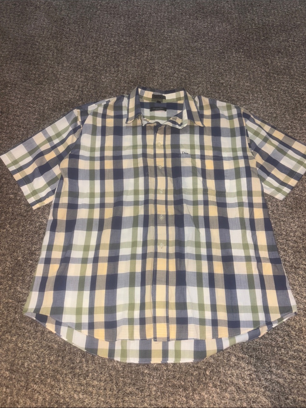 Vintage Dior Men's Short Sleeve Plaid Button-Down Shirt - Blue Green Cream
